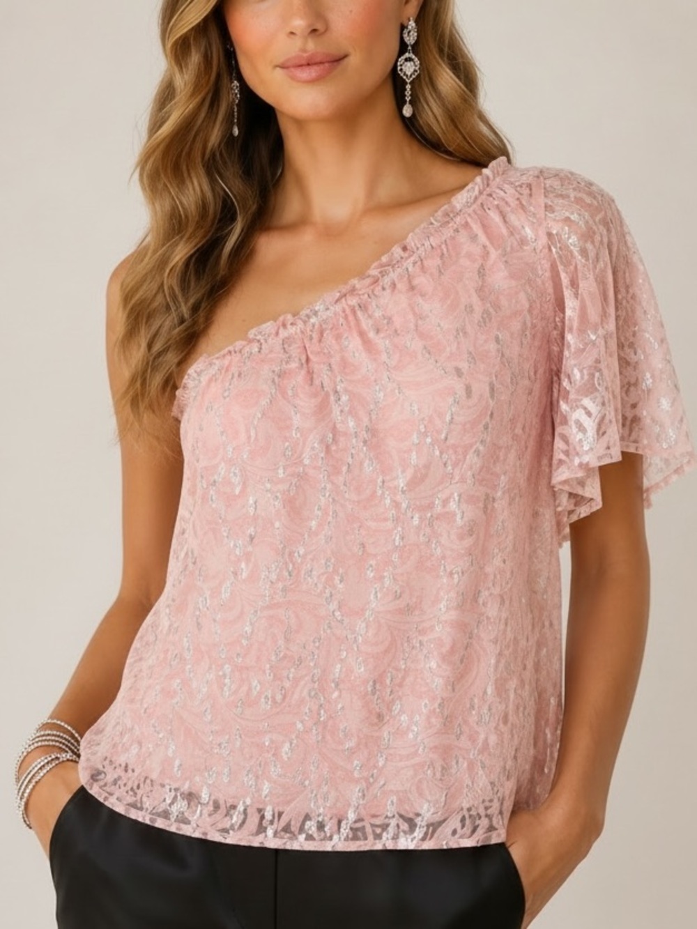 RAMY BROOK Eleanor Pink & Metallic One Shoulder Ruffle Blouse Size Medium